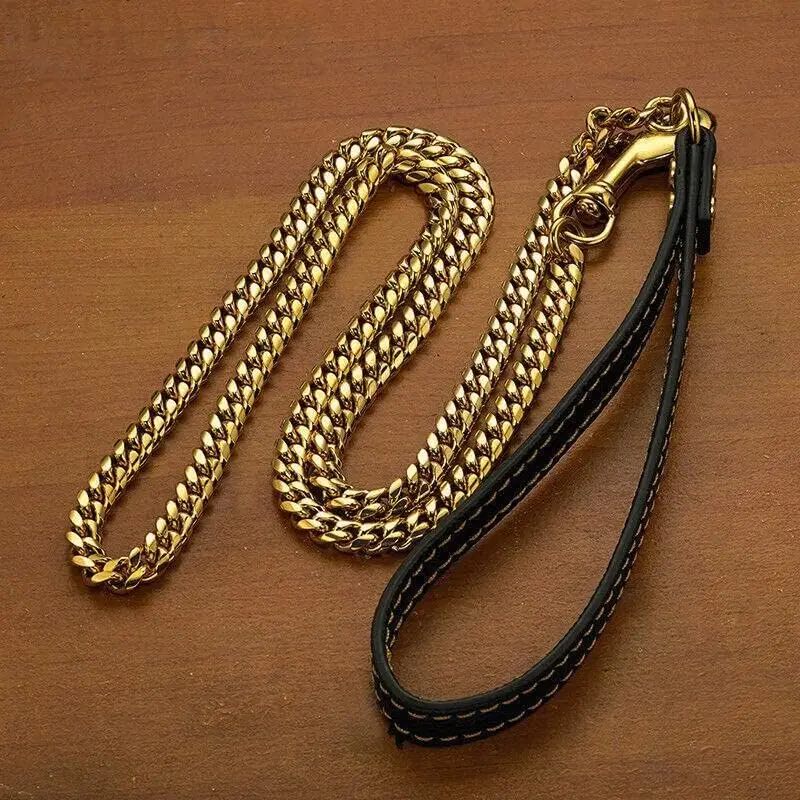 Luxury Dog Chain Leash with Genuine Leather Handle