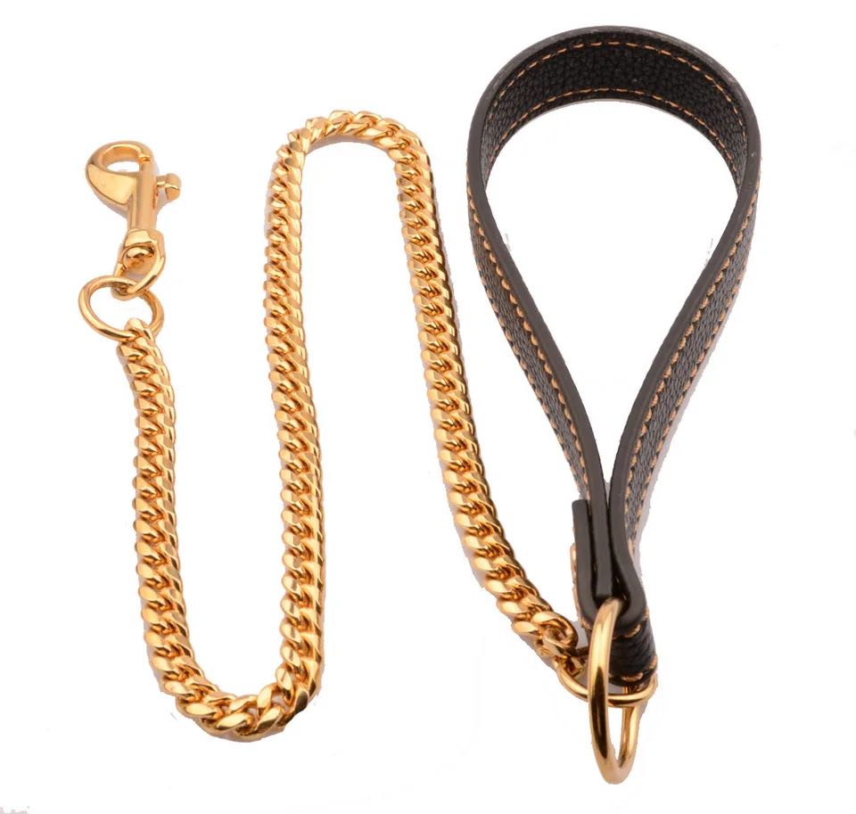 Luxury Dog Chain Leash with Genuine Leather Handle