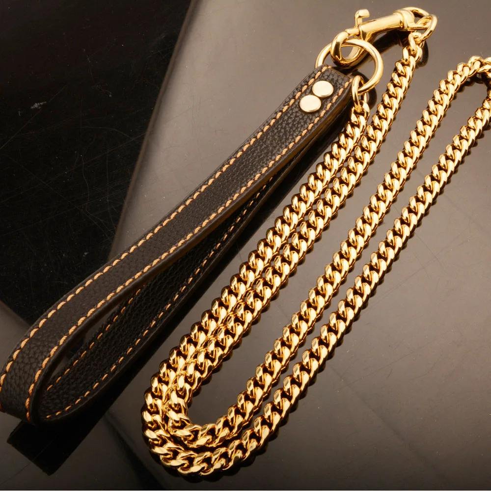 Luxury Dog Chain Leash with Genuine Leather Handle