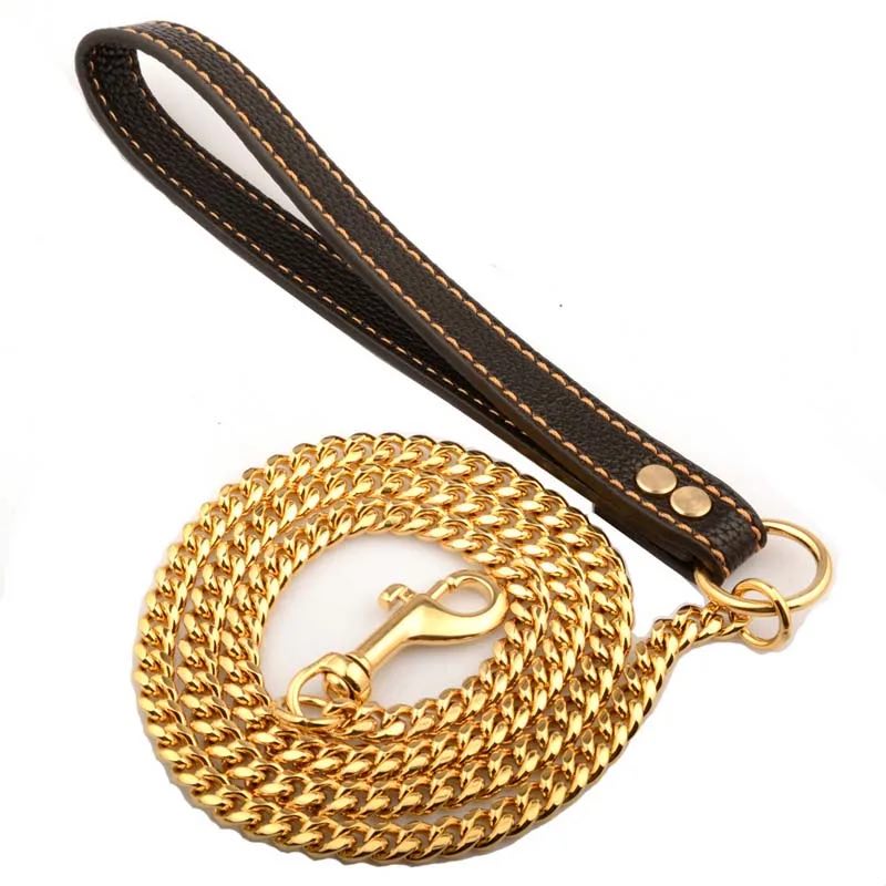 Luxury Dog Chain Leash with Genuine Leather Handle