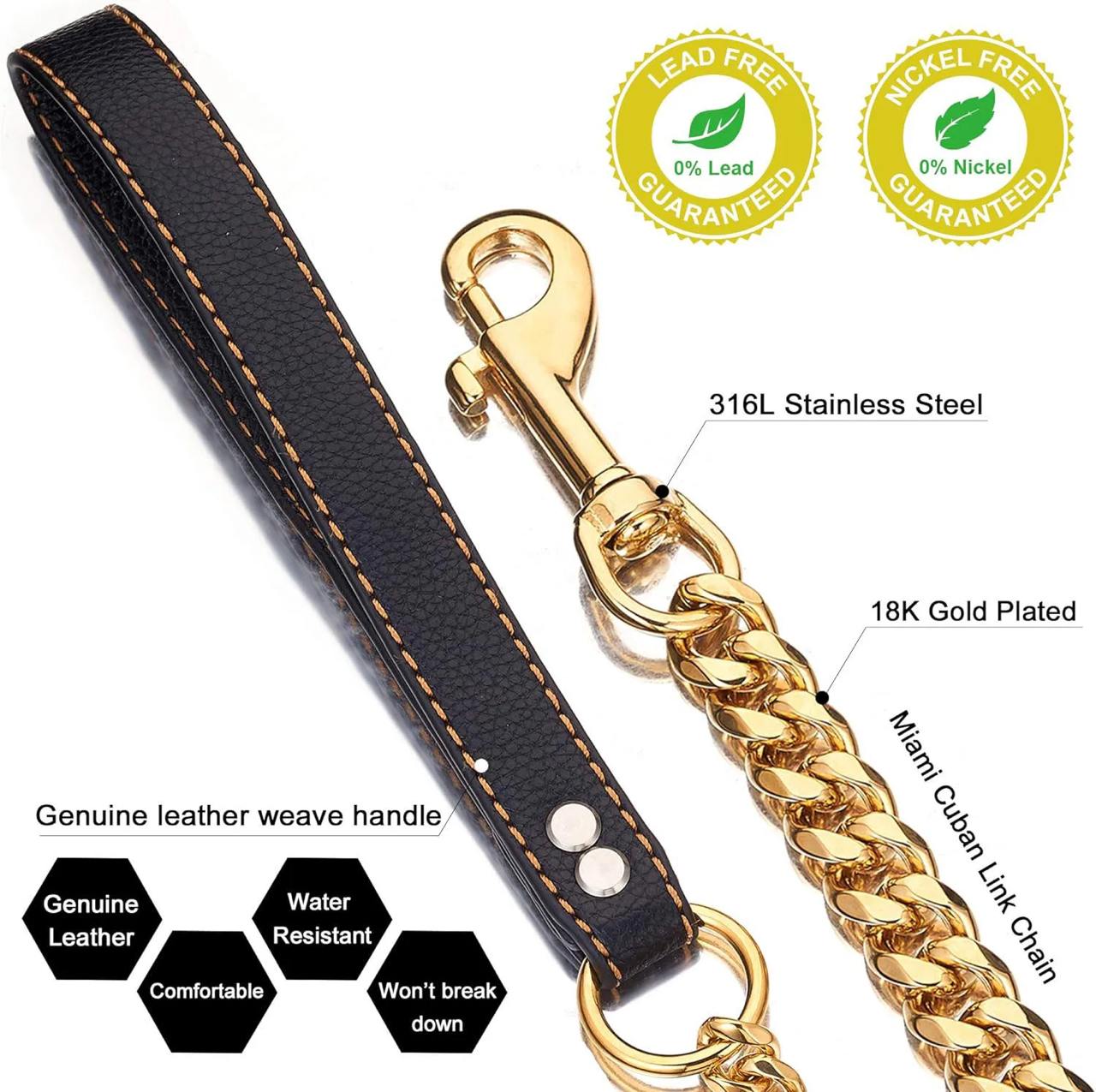 Luxury Dog Chain Leash with Genuine Leather Handle