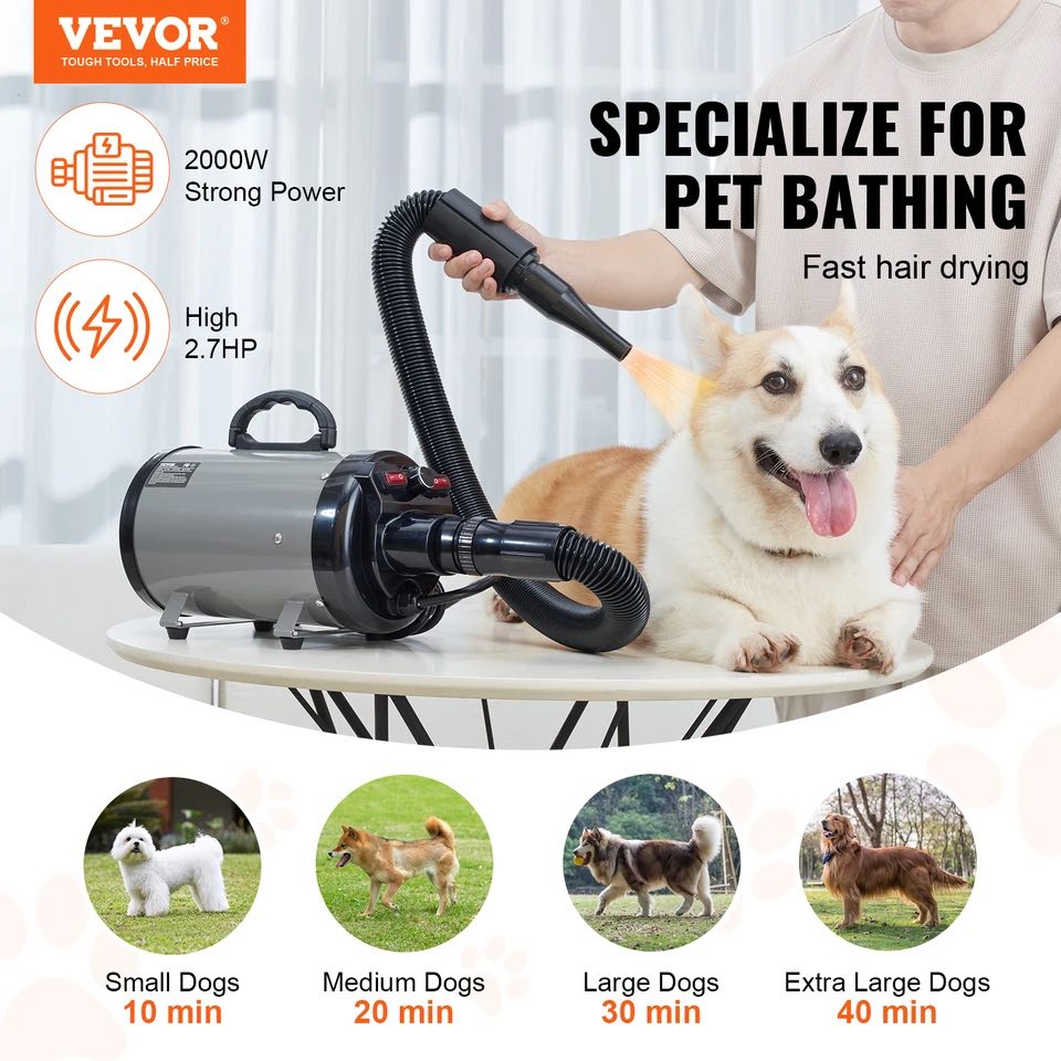 VEVOR 2000W Dog Blow Dryer with Adjustable Speed, Temperature Control