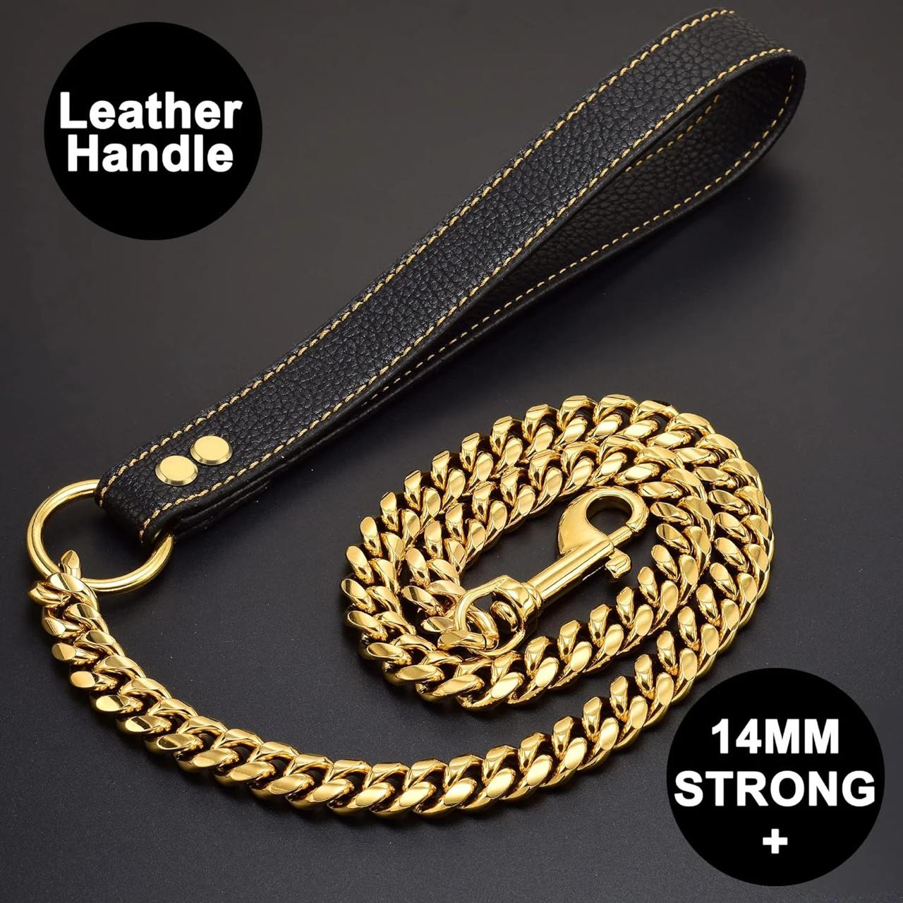 Luxury Dog Chain Leash with Genuine Leather Handle