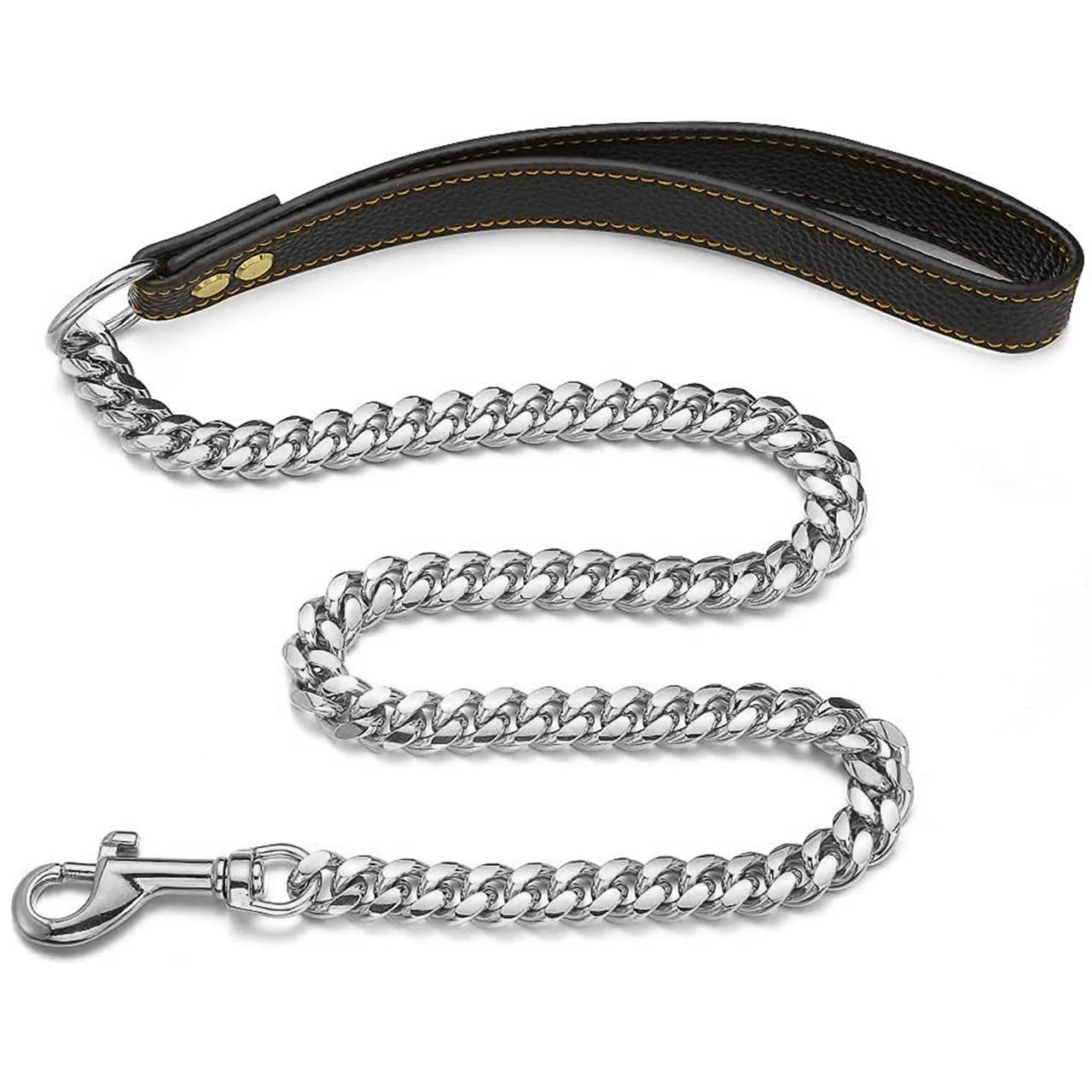 Luxury Dog Chain Leash with Genuine Leather Handle