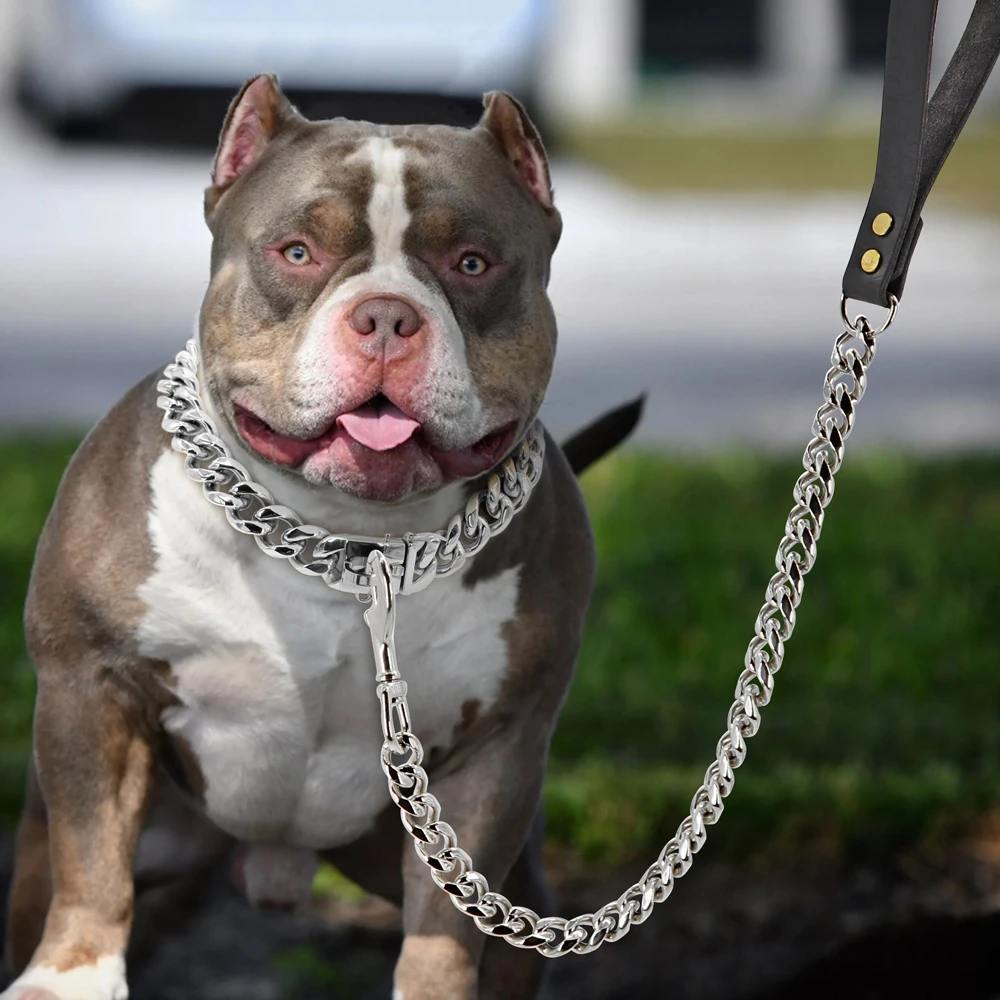 Luxury Dog Chain Leash with Genuine Leather Handle