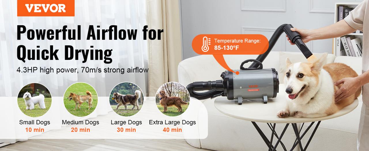 VEVOR 2000W Dog Blow Dryer with Adjustable Speed, Temperature Control